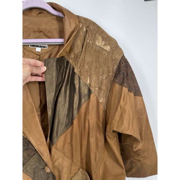 Vintage Diana Marco Leather Patchwork Brown Long Trench Boho Statement Jacket 22 - Picture 5 of 16